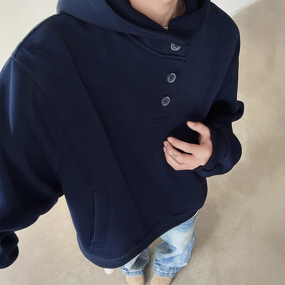 Navy Blue Button Hooded Sweatshirt For Men Autumn And Winter American Designer Shirt High Designer Hoodie Street Heavyweight Design Cleanfit High Neck Jacket