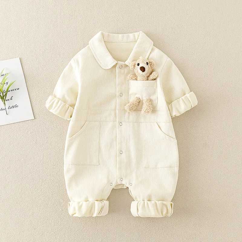 Spring Denim Baby Jumpsuit Cartoon Pocket Bear Romper for Boys Girls Newborn Overalls Korean Style Onesie Autumn Kids Clothing C251009