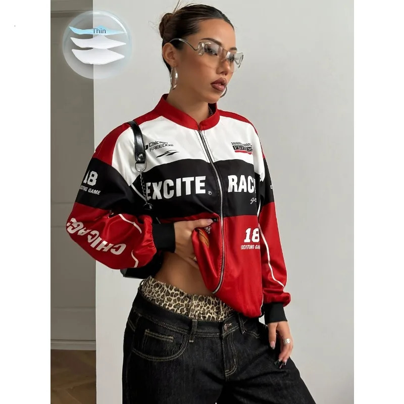 Varsity Jacket Tops Womens Patchwork Long Sleeve Racing Bomber Letterman Jackets Color Block Y2k Outerwear Vintage Streetwear 251009