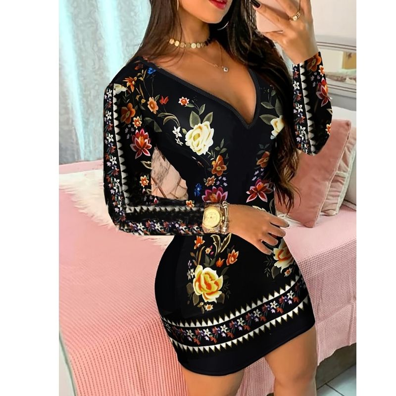 Women's Vintage Floral Print Bodycon Dress - V - Neck Long Sleeve Sexy Mature Mini Dress-CF40296