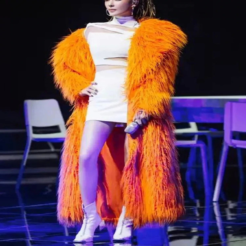 Fashionable extra long synthetic wool leather trench jacket for womens solid collar fluffy fur winter clothing 240824wtt