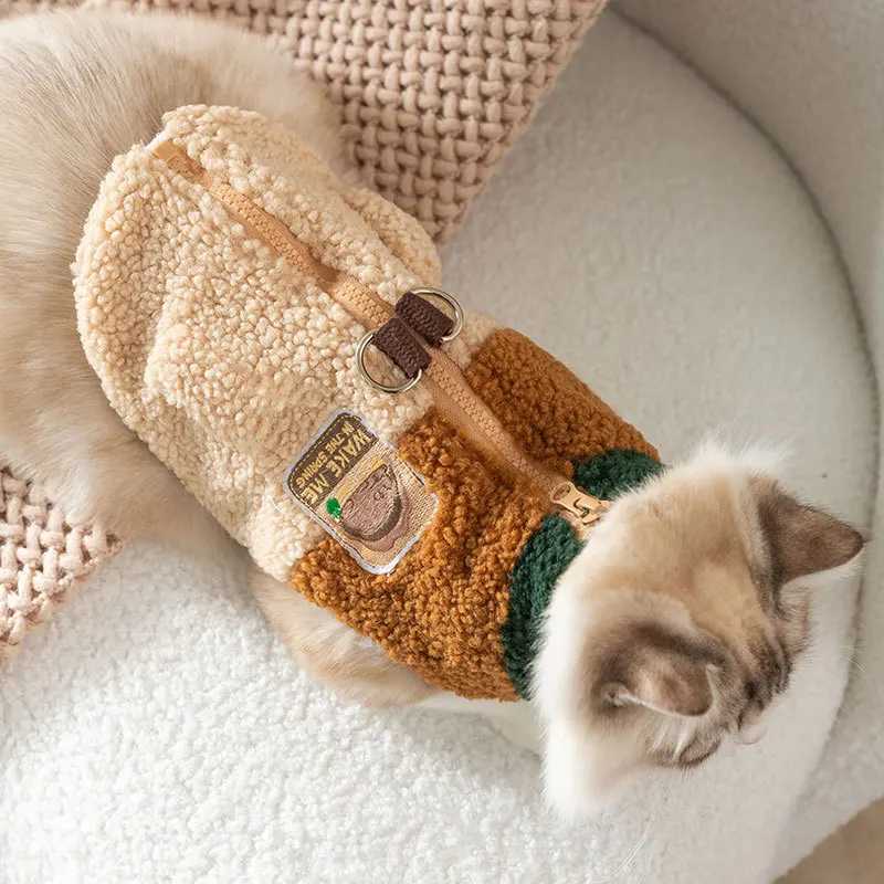 Winter Cat Vest Wool Fleece ColorBlock Cat Coat Warm Outdoor Cat Clothing with Leash Hook Pet Warm Clothes C251009