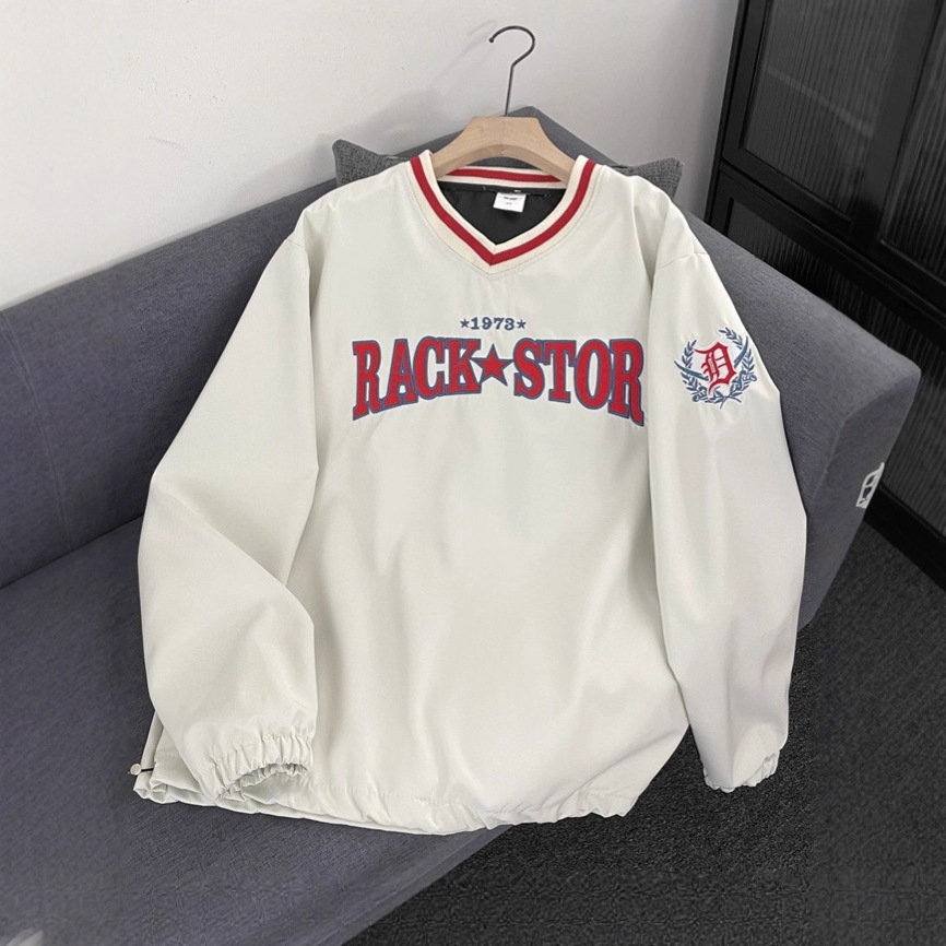 American Retro Ribbon V-neck Baseball Sweatshirt Men's Street Loose Couple Pullover Sports Designer Shirt Designer Hoodie Jersey Long Sleeve Top