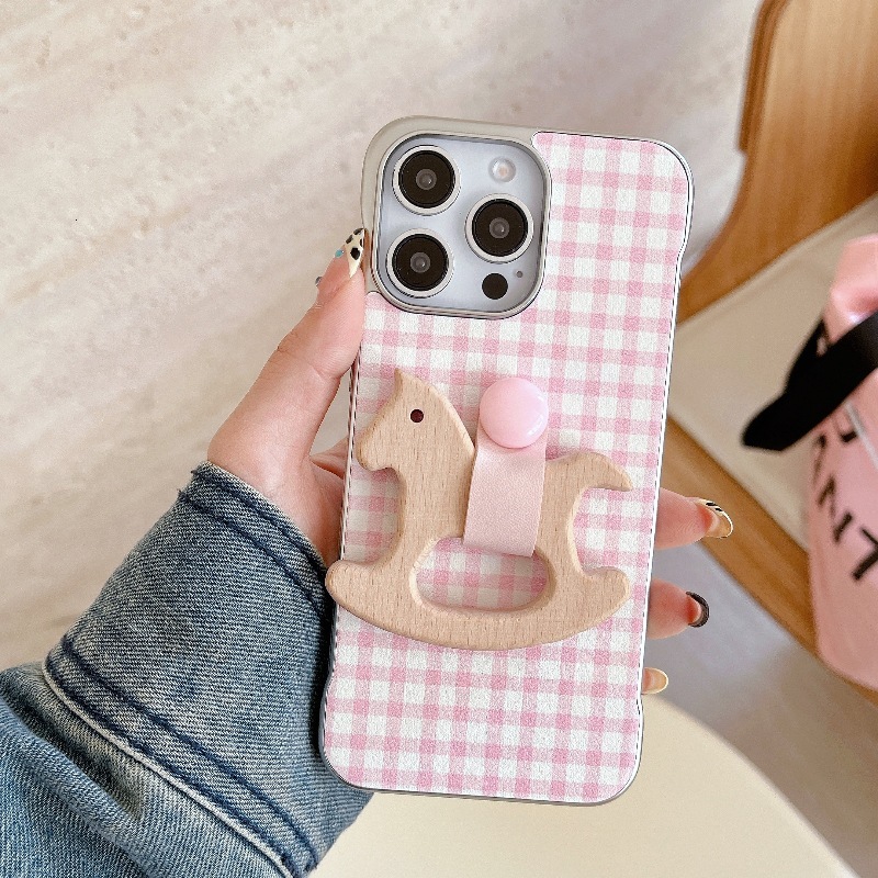 for iPhone 16 Pro Max Case Cute Aesthetic Gingham Ins Borderless Ring Wooden Horse Stand Phone Case Soft Slim TPU Shockproof Phone Cover for Women Gir