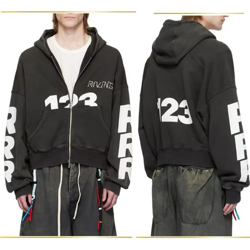 Letters Embroidery Print Zipper Hoodie Top Quality Cotton Vintage Washed Black Splicing Zip Coats For Men Women