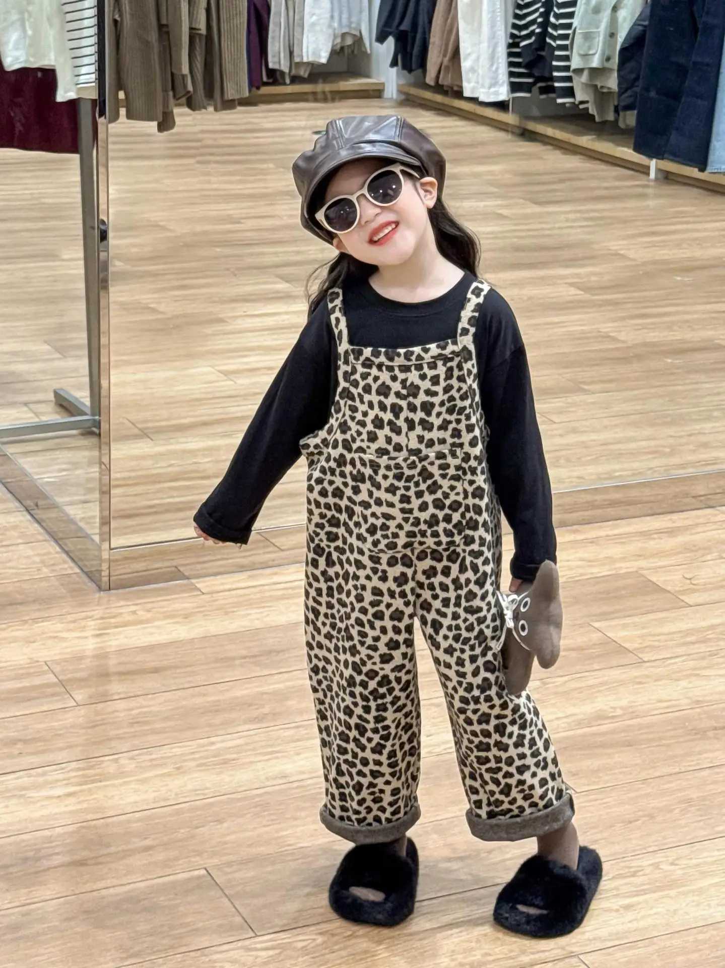 Korean Childrens Back Hairball Leopard Print Overalls Kids Girls Jumpsuit C251009