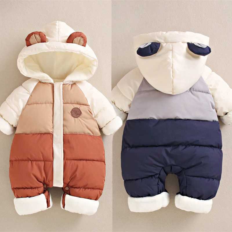 Winter New Baby Rompers Boys Girls Patchwork Thick Plus Velvet Jumpsuits Windproof Hooded Overalls Snowsuit Bodysuit C251009