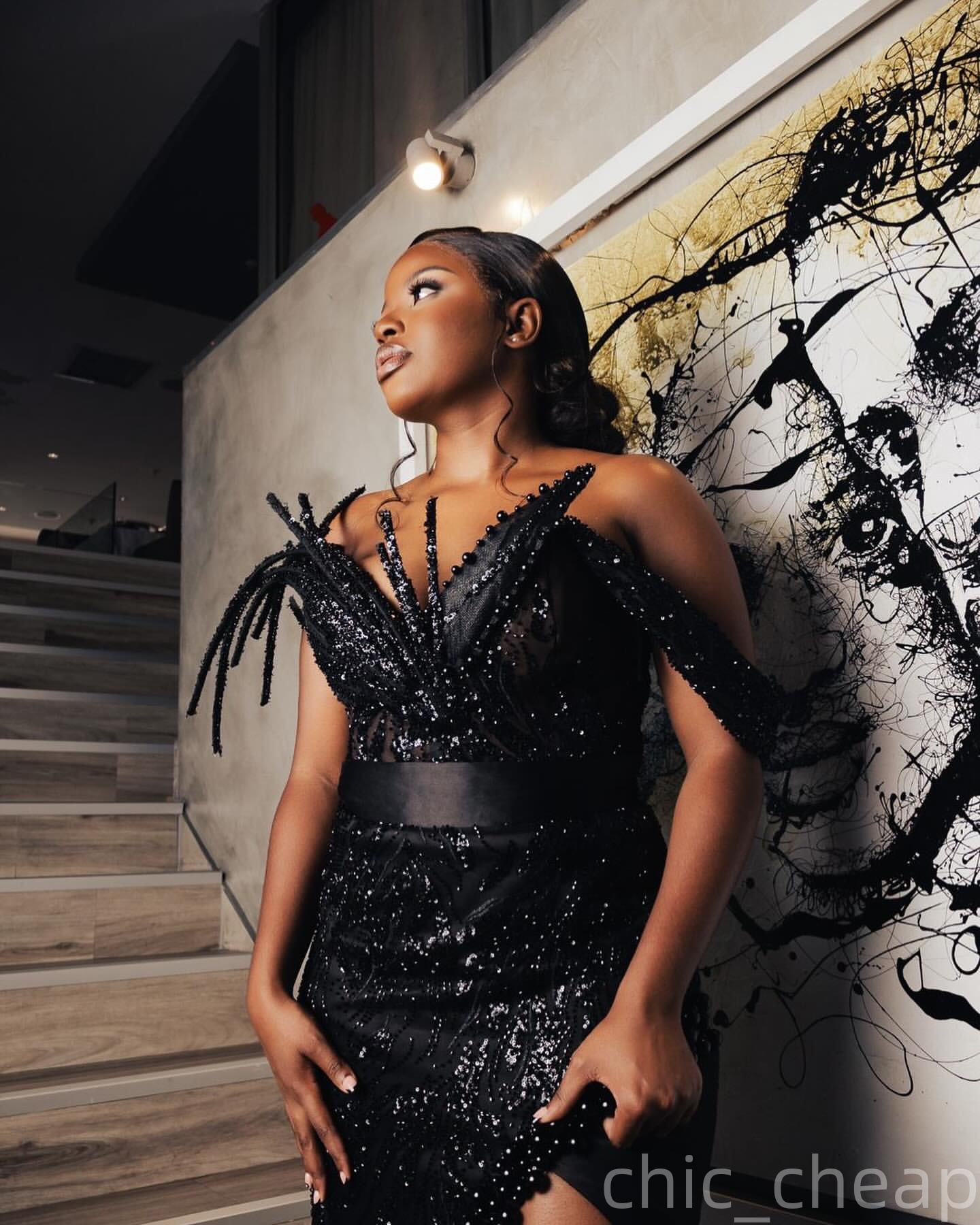 Black Mermaid Prom Dresses 2025 High Split Beaded Appliques Sequined Evening Formal Party Second Birthday Engagement Gowns Plus Size Dress For Special