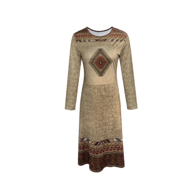 Women's Autumn Vintage Floral Print Long Sleeve Midi Dress - Versatile Casual Khaki Dress-CF40536