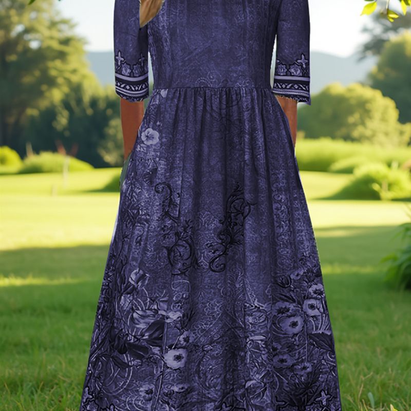 Women's Spring Autumn Floral Print Half - Sleeve Midi Dress - Elegant Vacation Milk Silk Dress-CF50887