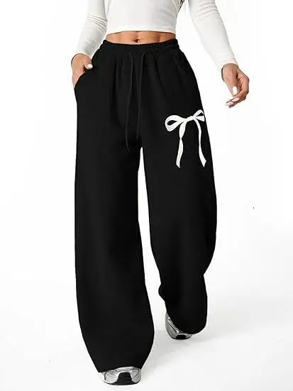 Womens Straight Leg Graphic Bow Print Sweatpants Wide Leg Elastic Waistband Lounge Pant Lounge Joggers with Pockets 251009