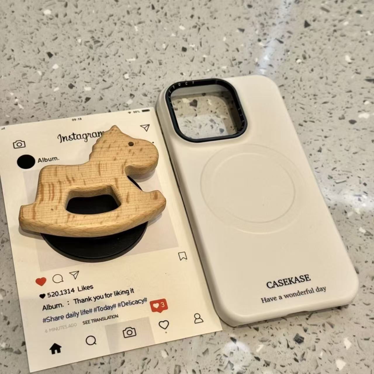 for iPhone 16 Pro Max Case, Minimalist White Background Wooden Horse Magnetic Stand Silicone Shockproof Slim Thin Phone Case for iPhone 15