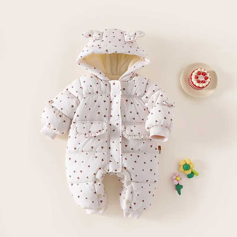 Winter Kids Girls Rompers Dot Printed Hooded Jumpsuits For 03Y Newborn Girls Cotton Padded Parkas For Infant Baby Girls C251009