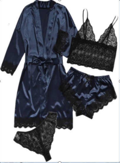 Pink Stripe Robe and Pajamas Set Women Silk Satin Lace Sleepwear Summer Sexy Faux Silk Pajamas Bathrobe Homewear Night Robe Set Z2500806