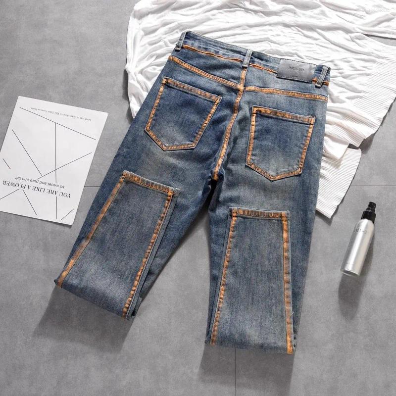 Men's Jeans Trousers Design Small Feet Elastic Slim High-end Casual Pants Korean Work Original Paint Printing Man