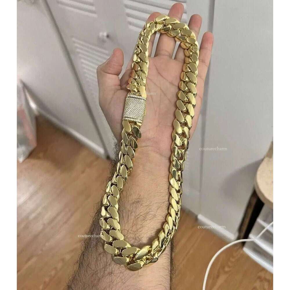Real Moissanite Dia 14k Yellow Gold Plated Necklace for Men 14mm x 282422201816 Miami LINK Cuban Chain