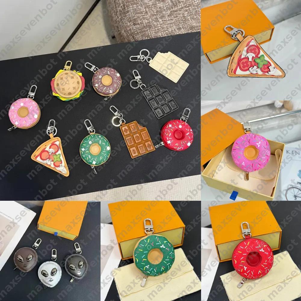 Designer Alien Bag Donut Earphone Case Charm Chocolate Cubes Keychains Bag Charm Designer Doughnut Pizza Key Ring Women Purse Wallet Charm Car Keychain With Box
