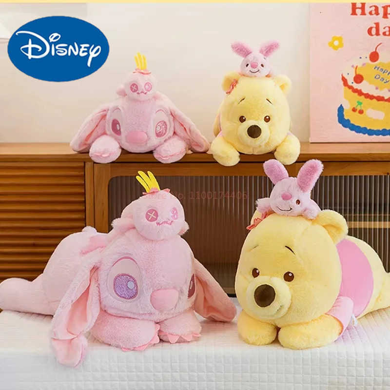 Disney Stitch And Winnie The Pooh Lying Down Plush Doll Pastel Pink Cherry Blossom Theme Cute Plushies For Birthday Present Toy H251009