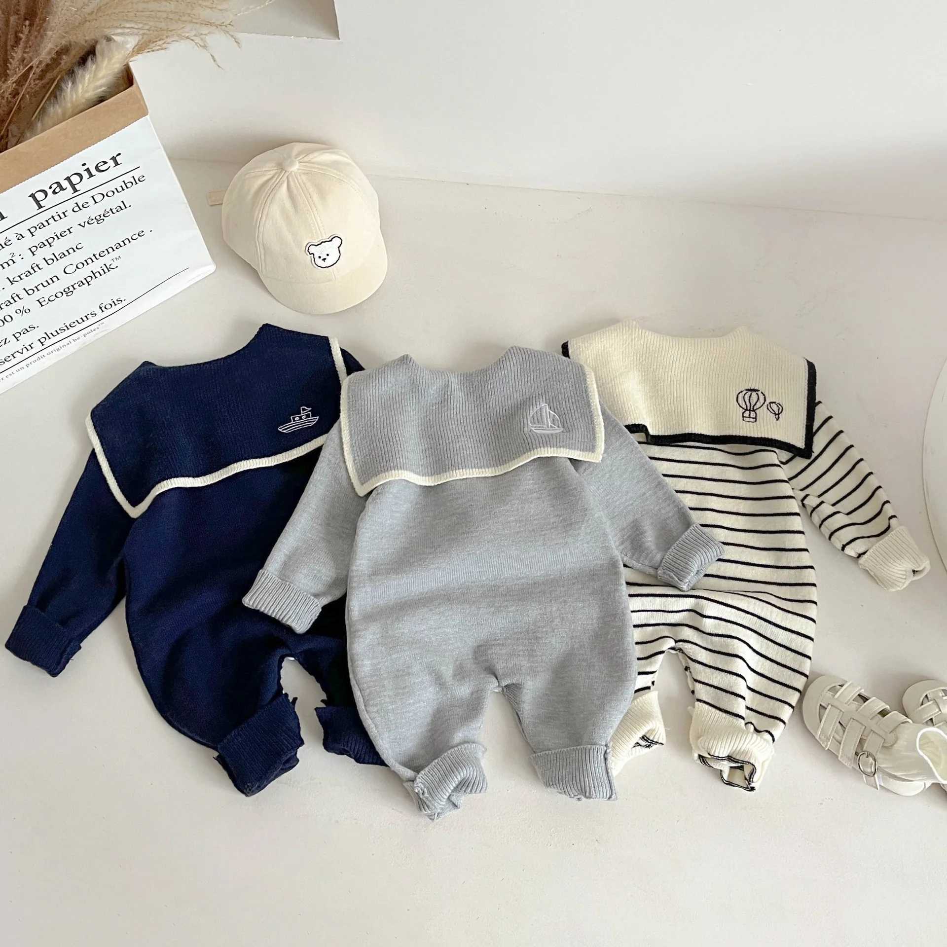 2025 Autumn New Baby Sailor Collar Long Sleeve Knitted Romper Infant Boy Girl Casual Striped Jumpsuit Newborn Toddler Clothes C251009