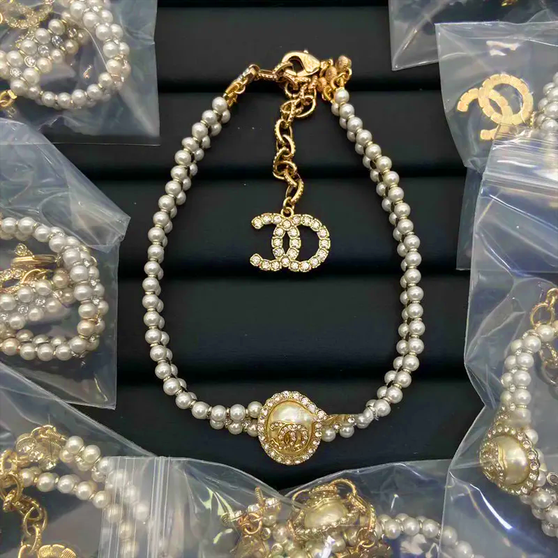 Pearl Inlaid Double C Necklace New Star Knit Clavicle Chain Grandma Style Pearlescent Choker