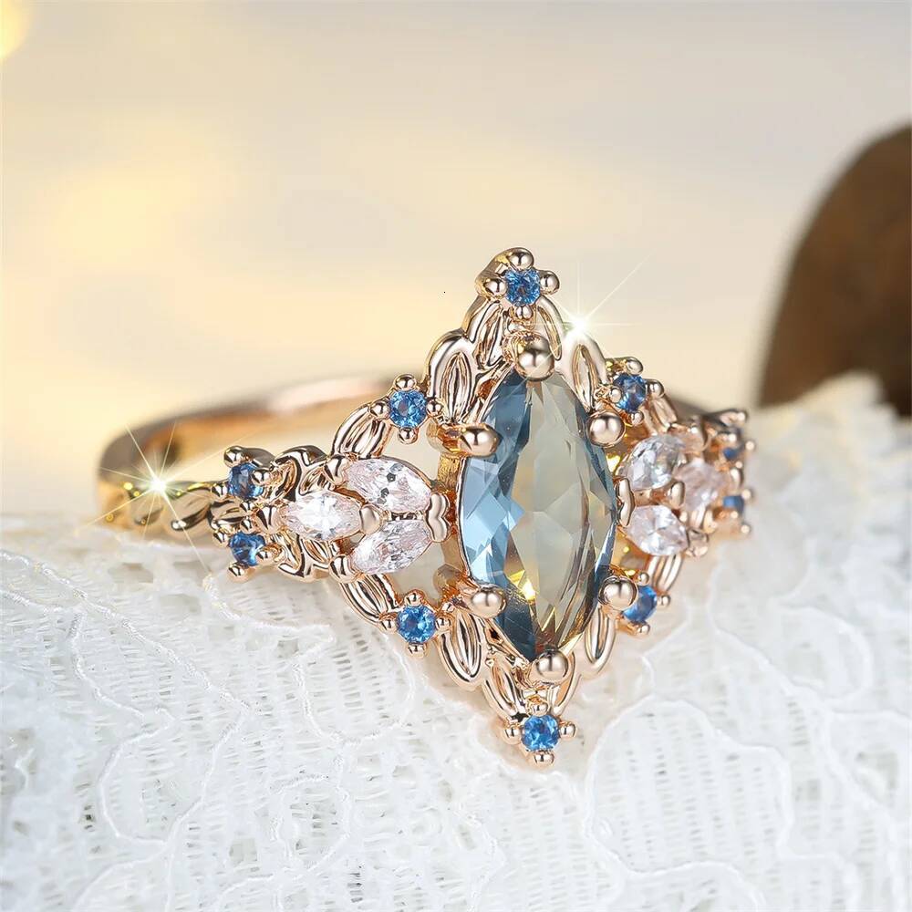 Engagement Ring Marquise Stone Blue Crystal Fashion Flower Rings For Women Vintage Gold Color Wedding Jewelry Gifts