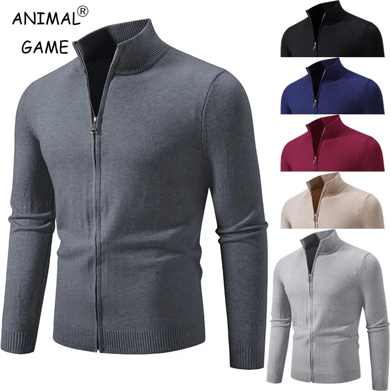 Animal Game Mens Knit Zipper Sweater Coats Slim Fit Sweaters Stand Collar Fall Winter Cardigan Jumper Warm Streetwear 2501008