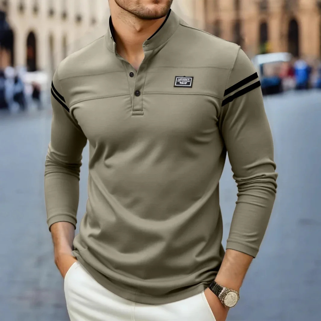2025 Mens Casual Fashion Solid Color Long Sleeved Polo Shirt Stand Up Collar Versatile Comfortable Top251009