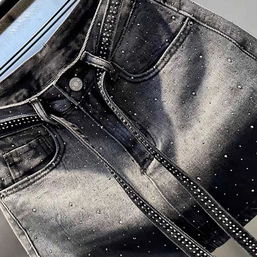 Oversize Retro Diamond Denim Mini Skirt for Women Summer High Waist Shiny Rivet Slim Skirts Gradient Black Grey Jean y250922