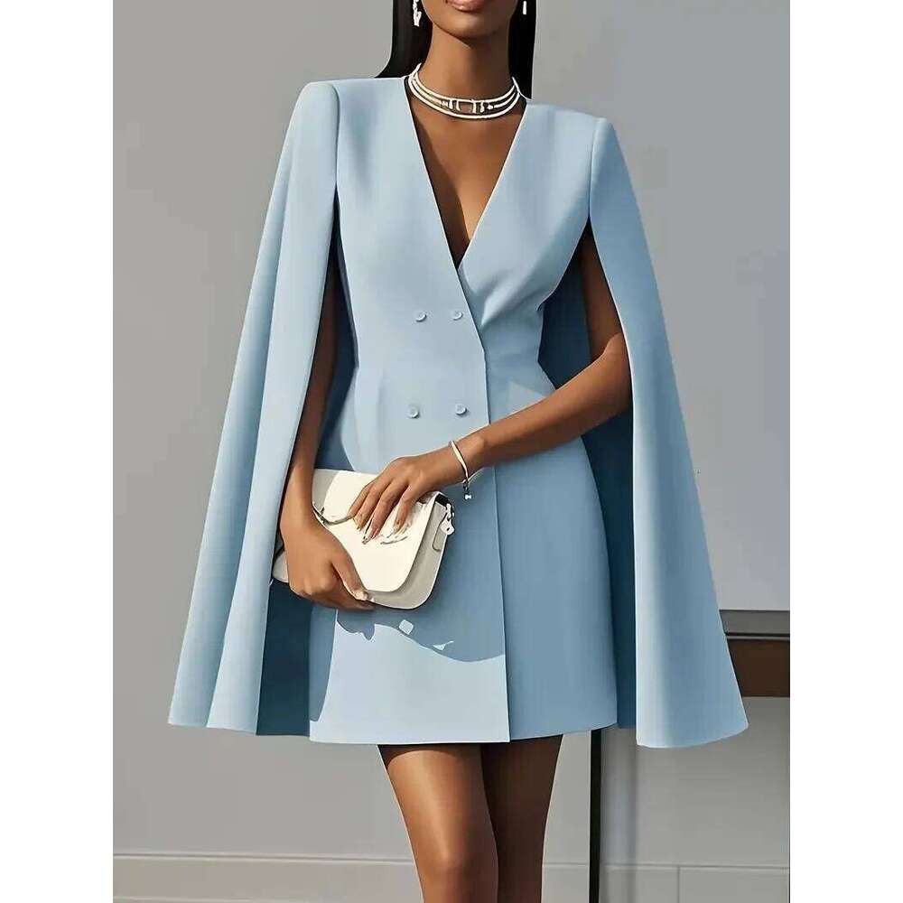 Women Fashion Commuter Solid Blazers Office Double Breasted Waist Party Elegant V-neck Shawl Cape Sleeve Midi Dress