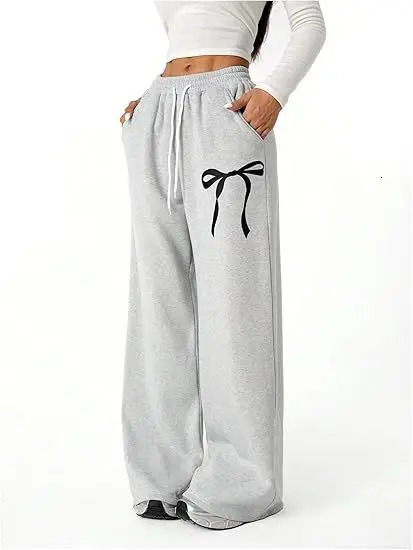 Womens Straight Leg Graphic Bow Print Sweatpants Wide Leg Elastic Waistband Lounge Pant Lounge Joggers with Pockets 251009