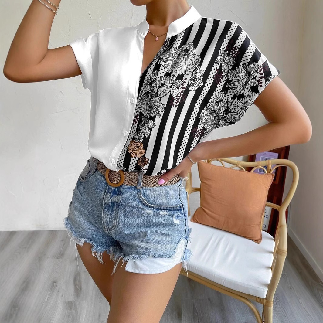 2025 Womens Summer Double Color Block Floral Button Cardigan Short Sleeve Shirt 250314