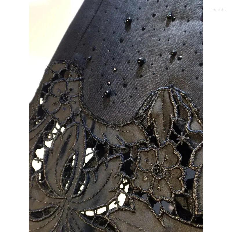 Women's Jeans Summer Denim Patchwork Hook Flower Hollow Lace Straight Leg Wide Pants Casual High Waist Heavy Embroidery Rhinestone Z260313