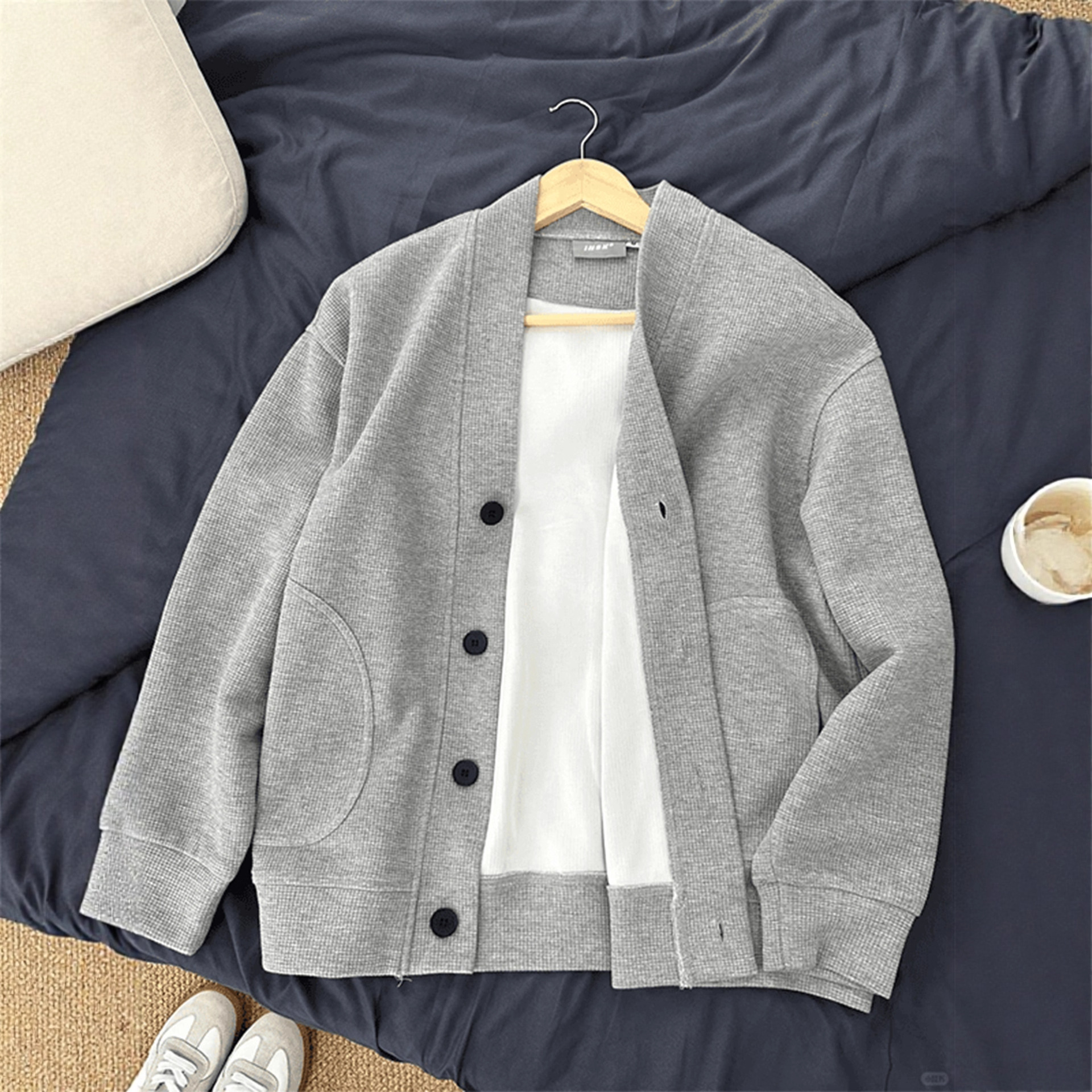 Gray Heavyweight Designer Hoodie V-neck Cardigan Sweatshirt For Men Autumn High-end American Designer Shirt Retro Lazy Style Waffle Couple Jacket