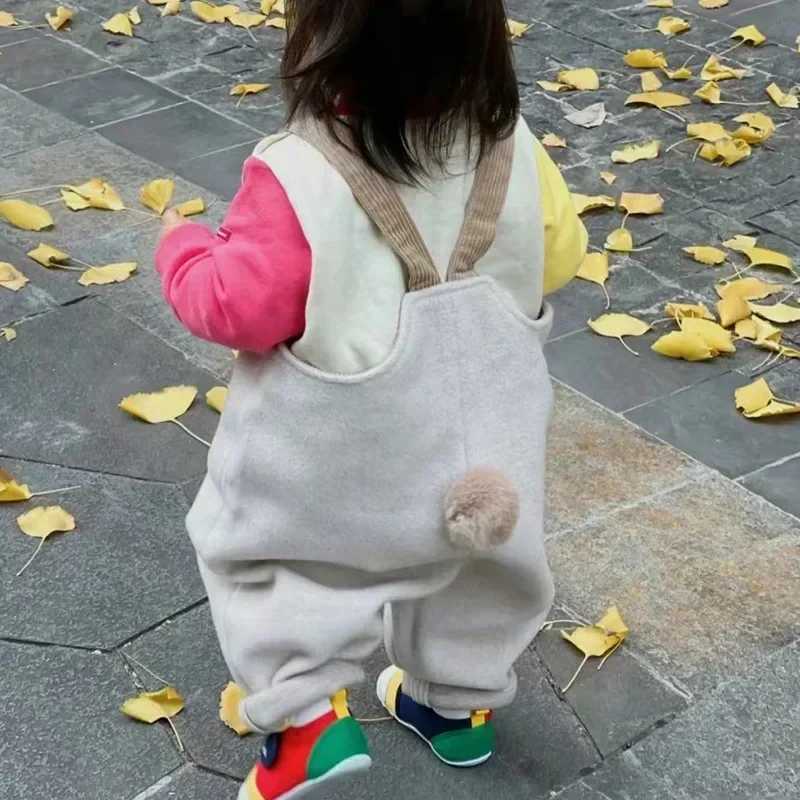 Spring Autumn Boys and Girls Overalls Solid Soft Woolen Cloth Rabbit Tail Straps Jumpsuit Children Casual Warm Pants E23430 C251009