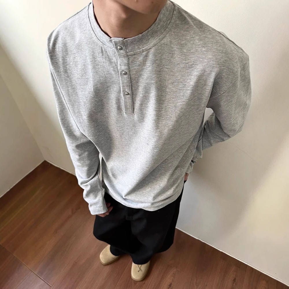 Designer Hoodie Light Gray American Style Henley Collar Long Sleeve Men's Spring And Autumn Designer Shirt High-end Silhouette T-shirt Cleanfit Short Wide Top