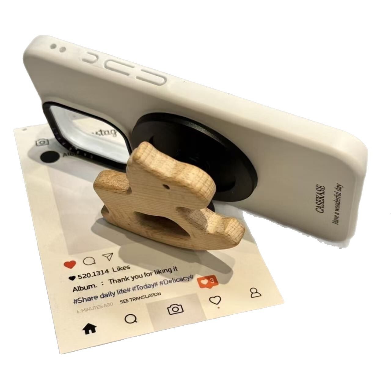 for iPhone 16 Pro Max Case, Minimalist White Background Wooden Horse Magnetic Stand Silicone Shockproof Slim Thin Phone Case for iPhone 15