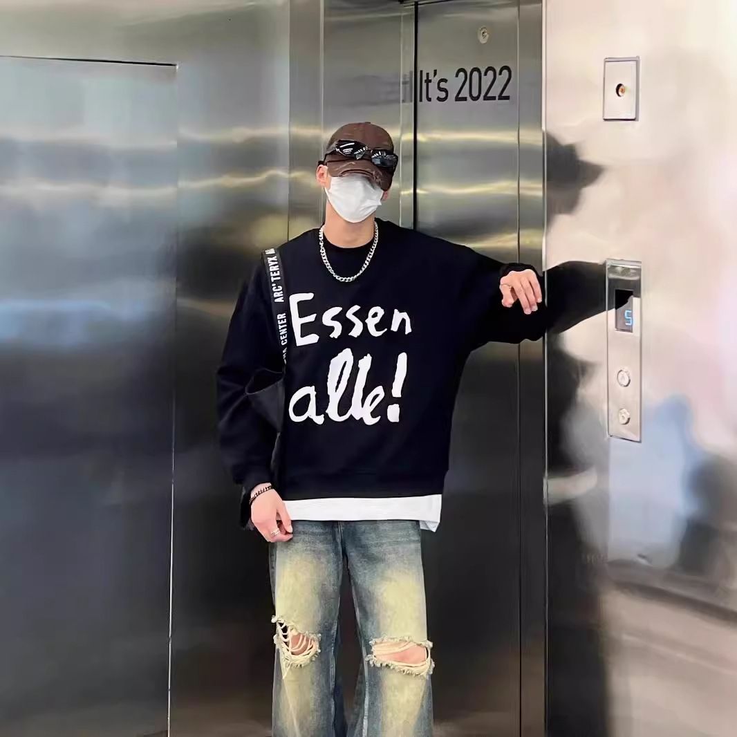 Trendy Designer Shirt Letter Graffiti Print Cool Street Style Crew Neck Sweatshirt Men's Fashion Casual Versatile Designer Hoodie Stylish Personality Long Sleeve
