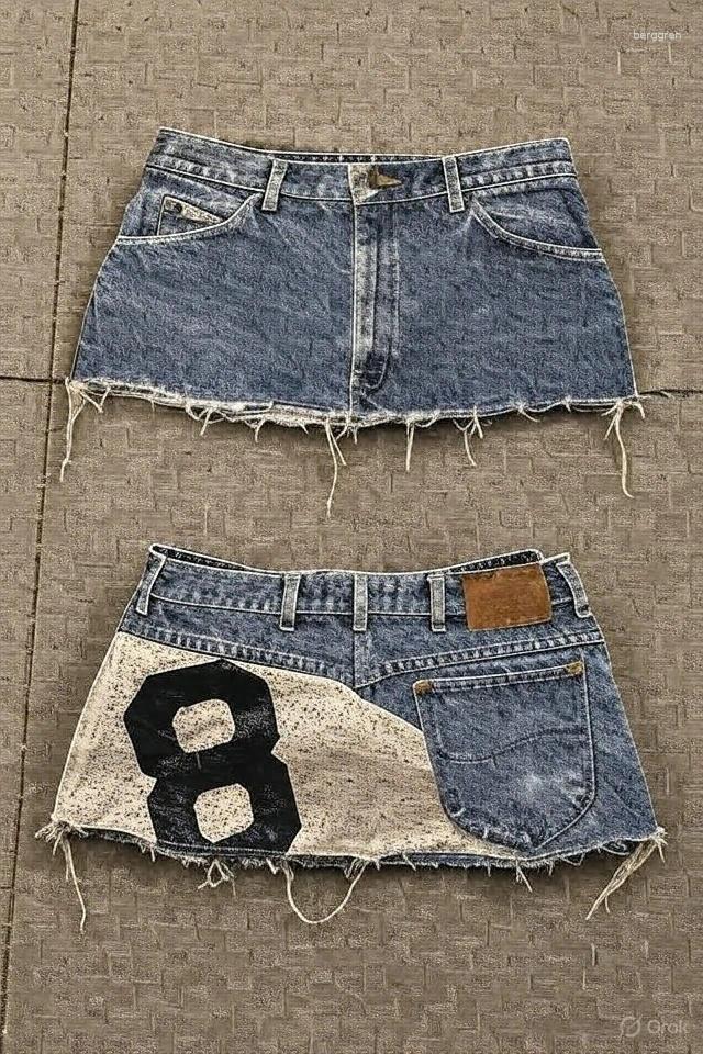 Skirts Retro 8 Billiards Denim Skirt Y2K Shorts Hip Hop Patchwork Embroidery Washed Baggy High Waist Slim Fit Mini