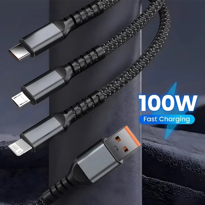 100W 3 In 1 Transparent Pilot Lamp Super Fast Charging Cable 6A Universal with Type C Usb Micro for Samsung Huawei Xiaomi IiPhone 17 16 15 14 13 12 Pr