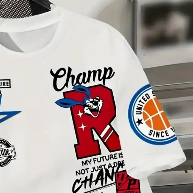 Men's Streetwear "Champ R" Motivational Graphic Oversized T-Shirt - Basketball & Inspirational Slogan Casual Tee-27