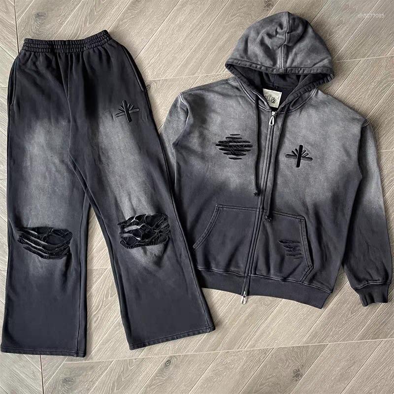 Men's Hoodies Washed Black Embroidered Hoodie Men Women Hooded Pullover