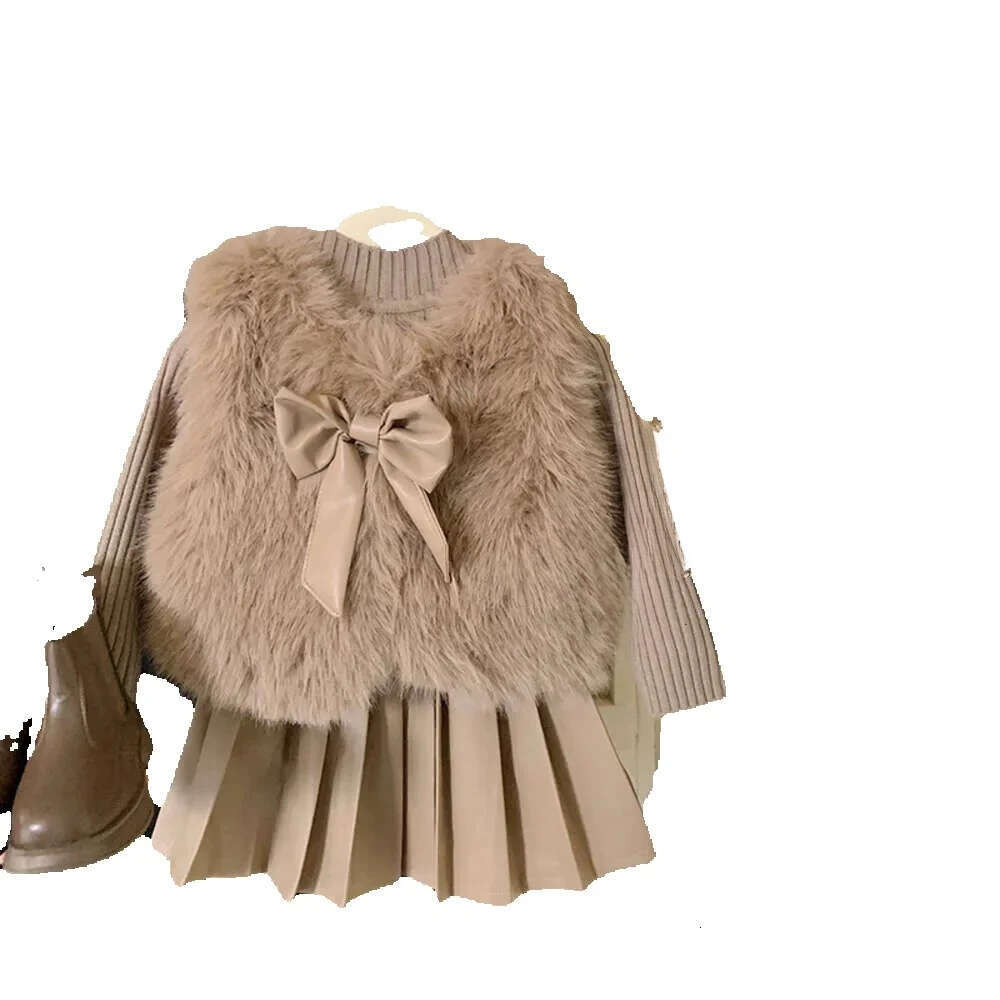 Autumn Winter Baby Girl Clothes Skirt Set Bow Princess Dresses Knit Long Sleeve Sweater Furry Vest Coat A-line Thicken Pleated Dress Three P
