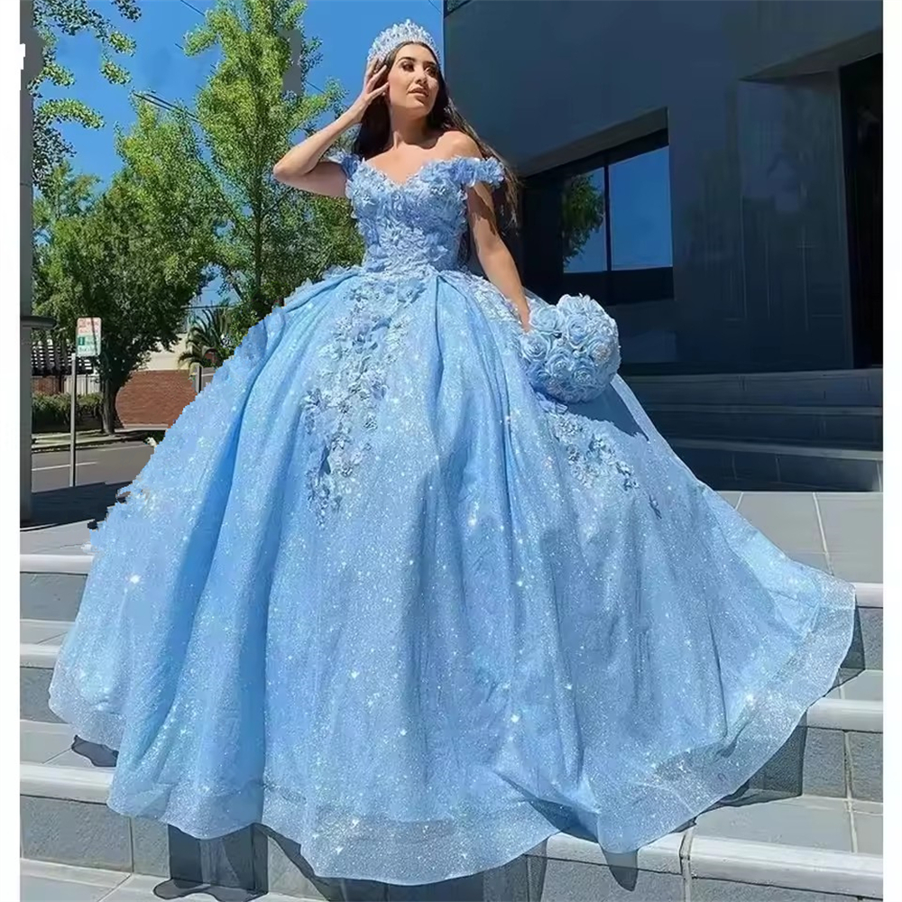 Ball Gown Quinceanera Dresses Glittering Light Blue Fashion 3D Flower Lace Plus Size Customized Sweet 15 16 Princess Birthday Party Gowns Vestidos De 