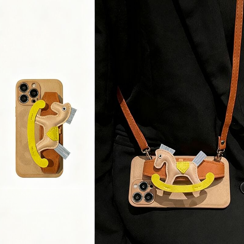 High-end Leather Little Wooden Horse Wrist Strap Case for iPhone17 Pro Max with leather rope,for iPhone 16 Pro Max Case Design Soft Bumper Protective 
