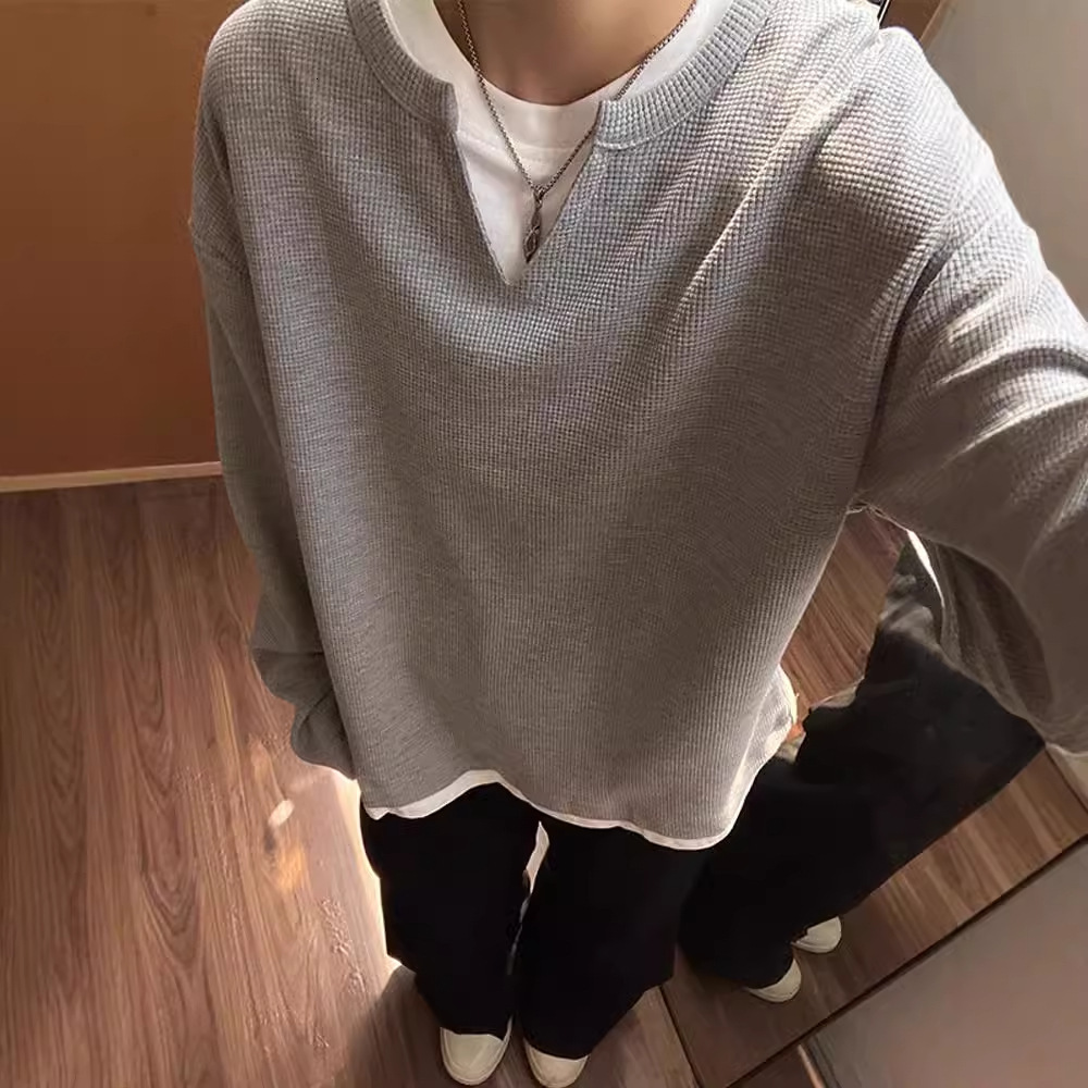 Vintage Waffle V-neck Sweatshirt For Designer Shirt Men Spring And Designer Hoodie Autumn American Retro Heavyweight Cleanfit Long Sleeve T-shirt