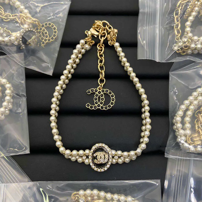 Pearl Inlaid Double C Necklace New Star Knit Clavicle Chain Grandma Style Pearlescent Choker