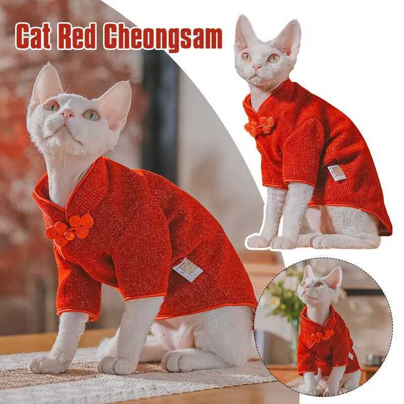 Warm Sphinx Cat Vest Clothes Hairless Cat Pet Red Qipao New Year Dress Sphynx Cat Comfortable Clothes Pets Supplies C251009
