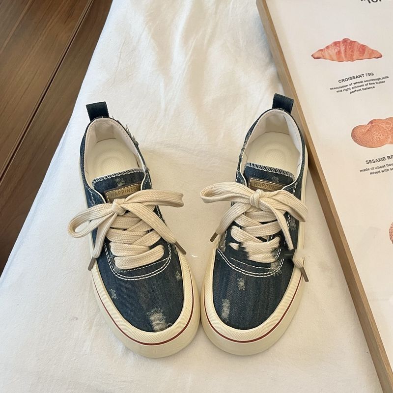 Free shipping Multi-Color Distressed Denim Platform Sneakers with Lace-Up Design Fashion Retro Stylish Versatile Casual Shoes