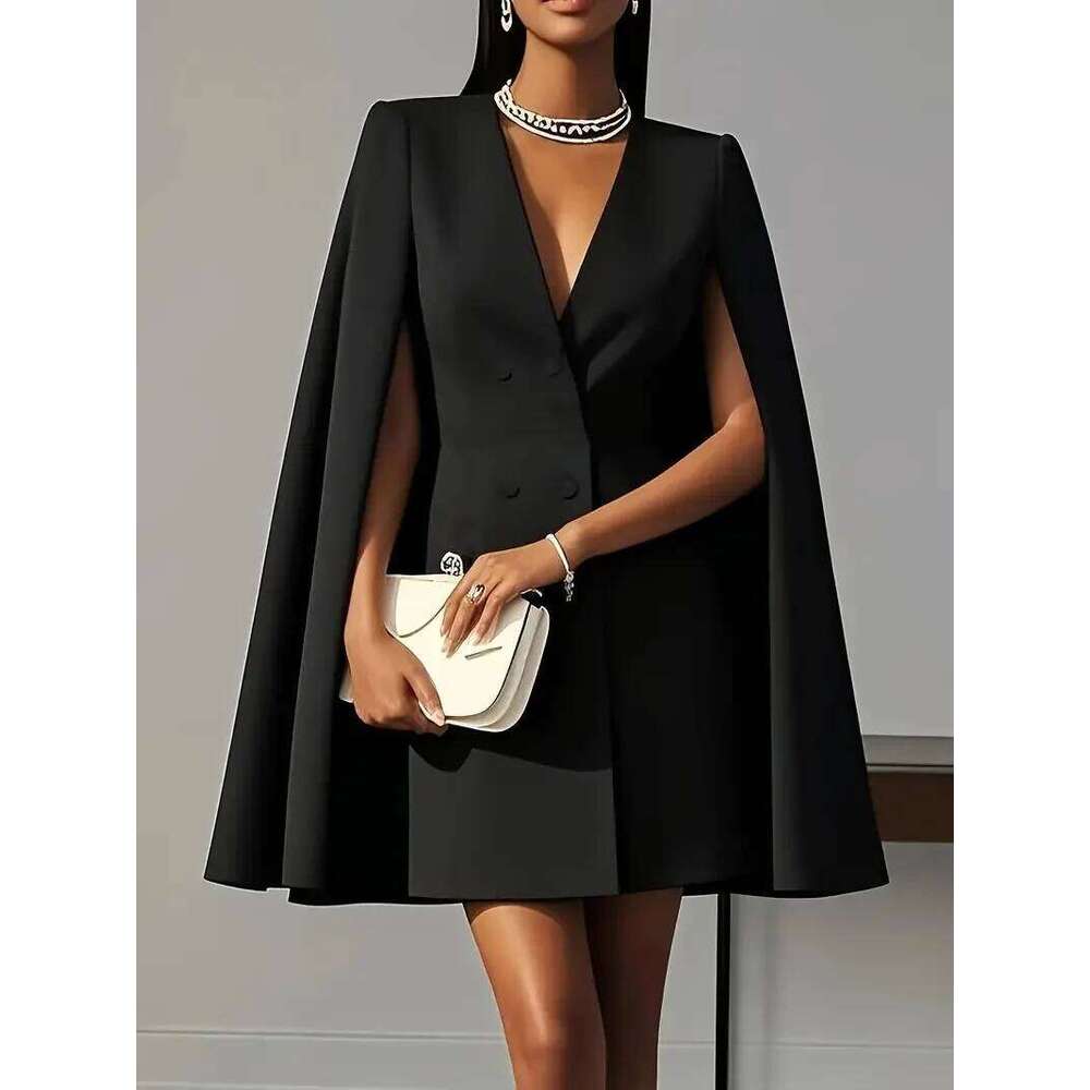 Women Fashion Commuter Solid Blazers Office Double Breasted Waist Party Elegant V-neck Shawl Cape Sleeve Midi Dress