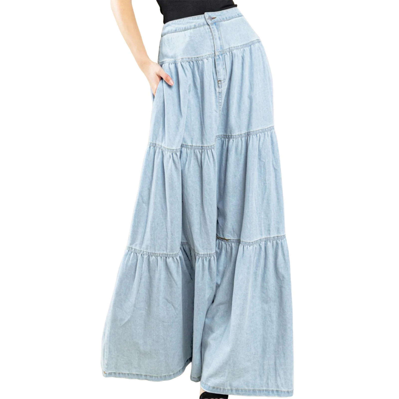 2025 Fashion Womens Denim Long Skirt Stylish Solid High Waist ALine Jean for Summer Spring 250922